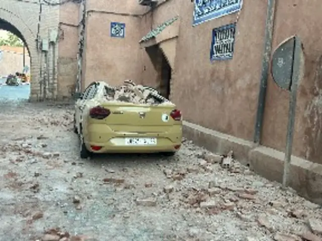 By the Bab Loksour gate in the old city of Marrakesh, damages by the earthquake can be seen