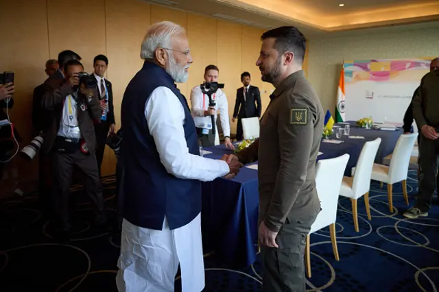 Ukrainian President Zelensky (R) meets Indian Prime Minister Narendra Modi at the G7 Leaders's Summit in Hiroshima, Japan on May 20, 2023.