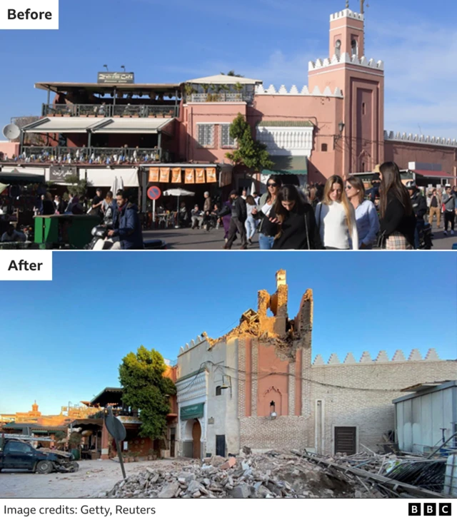 The Jemaa el Fnaa mosque's tower has collapsed
