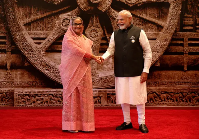 Prime Minister Narendra Modi of India welcomes Sheikh Hasina Wazed the prime minister of Bangladesh