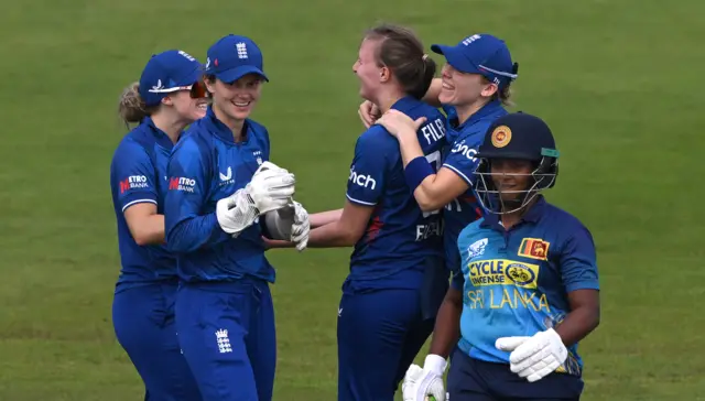 Lauren Filer celebrates her maiden ODI wicket