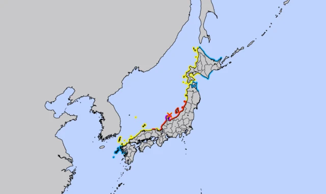 A map with colours showing the areas which have been affected
