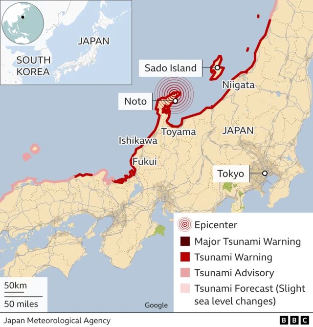 Map showing earthquake epicentre and tsunami warnings
