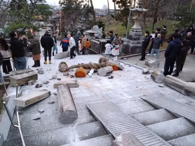 Collapsed torii gate caused by an earthquake is seen at Onohiyoshi Shrine in Kanazawa, Ishikawa prefecture, Japan January 1, 2024, in this photo released by Kyodo.
