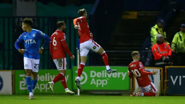 George Maris celebrates scoring for Mansfield