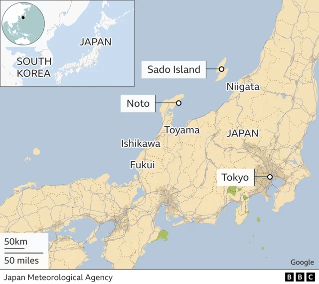 Map of earthquake-affected locations in Japan, including Noto and Sado Island