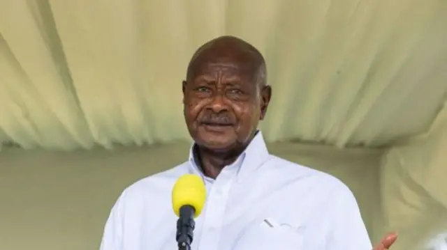 Uganda's President Yoweri Museveni speaks during a joint press conference with Russia's Foreign Minister Sergei Lavrov at the State House in Entebbe, Uganda, on July 26, 2022.