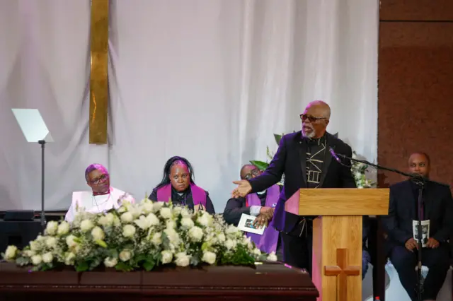 South African actor, author, director and playwright John Kani pays tribute at the special provincial funeral service of Peter Magubane, a South African photojournalist