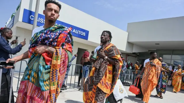 Ghana national football team players exit the Felix Houphouet-Boigny International Airport in Abidjan on January 10, 2024