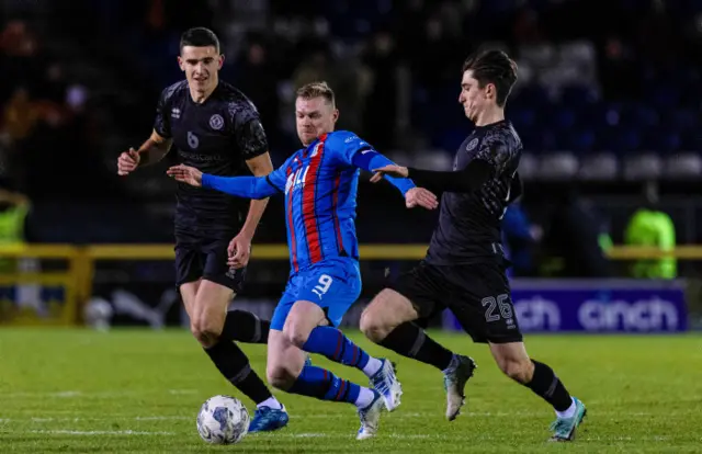 Players in action during a Scottish Championship game between Inverness and Dundee United