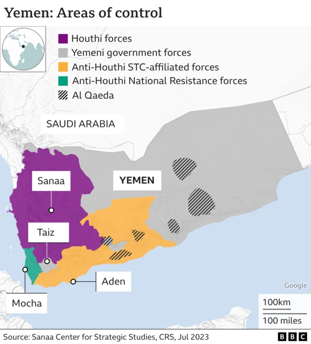 Map showing Houthi areas of control