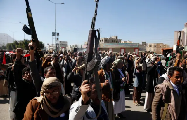 Houthi supporters at an earlier protest against the war in Gaza