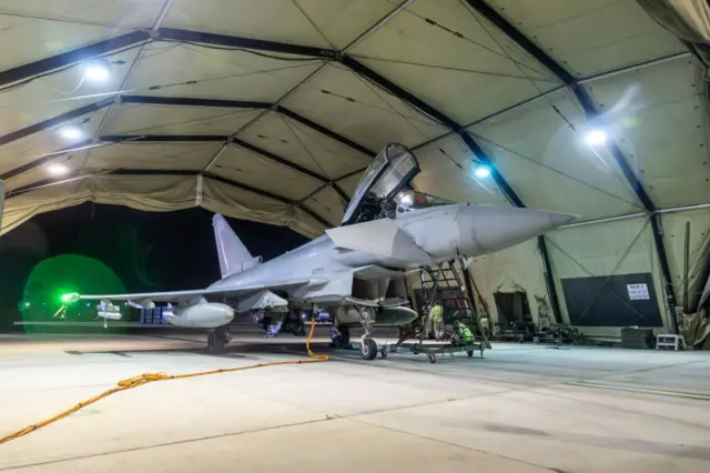 One of four RAF Typhoon aircraft returning to RAF Akrotiri in Cyprus after joining the US-led coalition conducting air strikes against military targets in Yemen