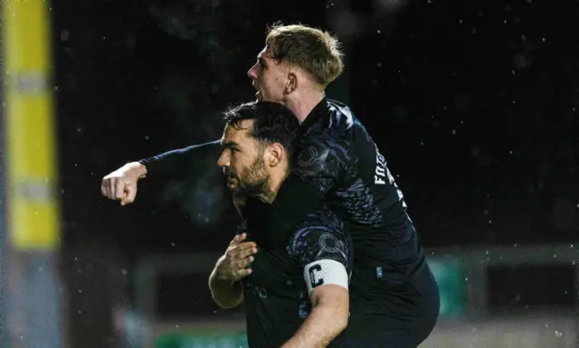 Tony Watt and Kai Fotheringham celebrate Watt's goal