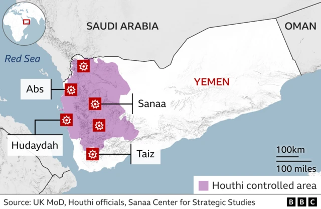 A map showing where the US and UK hit Houthi positions