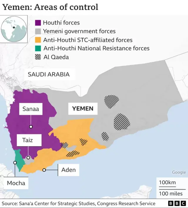 Map showing areas of Yemen controlled by rival groups