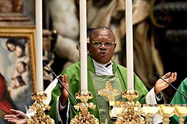 Archbishop of Kinshasa cardinal Fridolin Ambongo Besengu celebrates a Mass for 16th Ordinary General Assembly of the Synod of Bishops at St. Peter's Basilica on October 13, 2023 in Vatican City, Vatican.