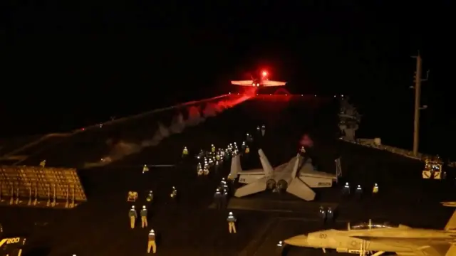 US jets engaged in strikes on Houthis from an aircraft carrier