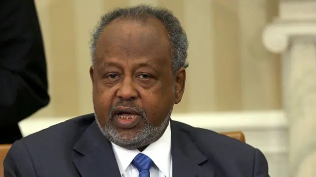 Djibouti President Ismail Omar Guelleh speaks during a meeting with U.S. President Barack Obama in the Oval Office at the White House May 5, 2014 in Washington, DC. The two leaders discussed counterterrorism in Africa and protecting regional security and preventing conflicts