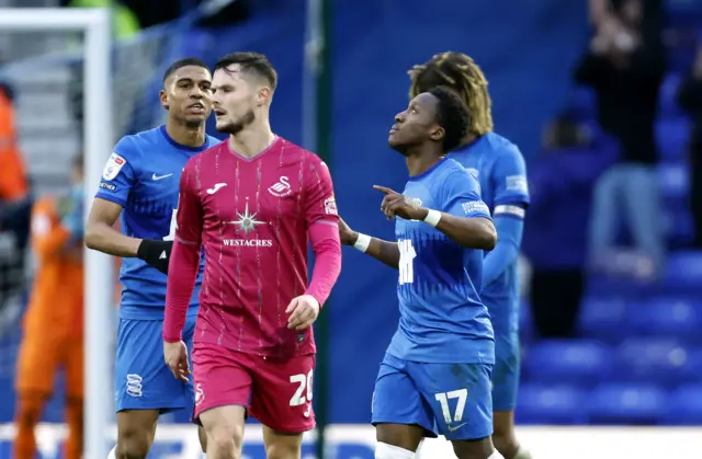 Siriki Dembele celebrates scoring for Birmingham