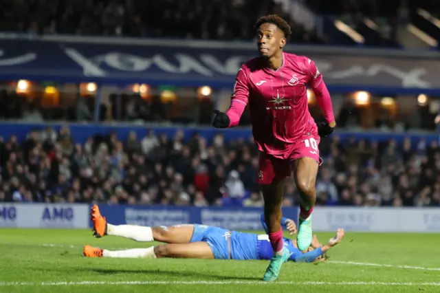 Jamal Lowe celebrates scoring for Swansea at Birmingham