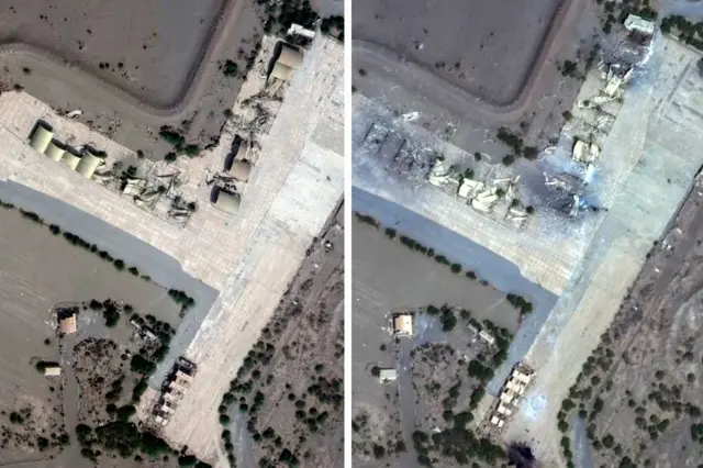 A satellite image of Hudaydah before and after joint US and UK strikes in Yemen