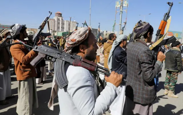 This picture from Thursday shows newly recruited Houthi fighters in the Yemeni capital, Sanaa