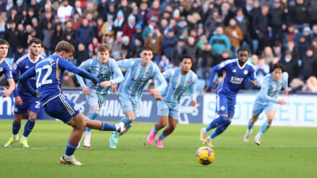 Kiernan Dewsbury-Hall scores a penalty for Leicester