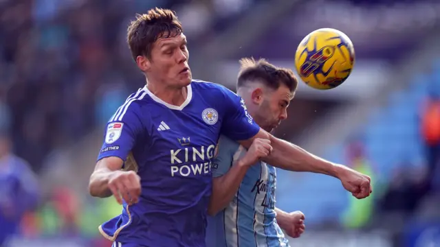 Leicester and Coventry players challenge for the ball