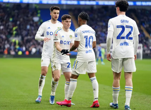 Dan James celebrates scoring Leeds' second goal against Cardiff