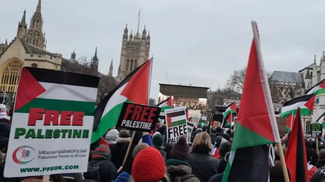 Free Palestine flags fly in the breeze