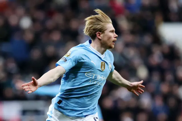 Kevin De Bruyne celebrates scoring for Man City