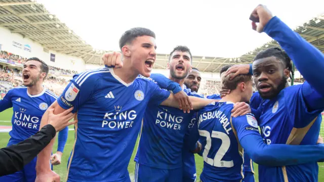 Leicester celebrate taking the lead at Coventry