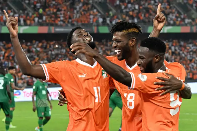 Ivory Coast celebrate a goal by Jean-Philippe Krasso