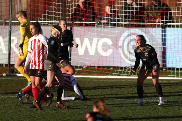 atie Wilkinson of Southampton FC celebrates after scoring the team's first goal during the Adobe Women's FA Cup Fourth Round match against Sunderland Women