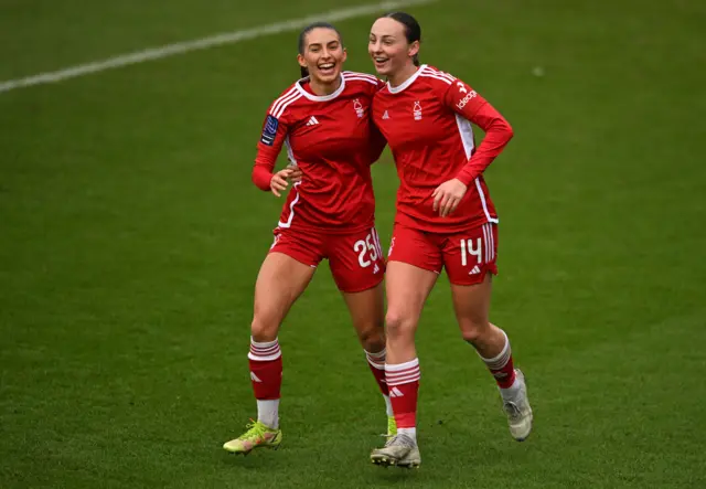 Louanne Worsey of Nottingham Forest Women celebrates after scoring their sides first goal with team mate Alice Keitley during the Adobe Women's FA Cup Fourth Round match against Plymouth Argyle Women