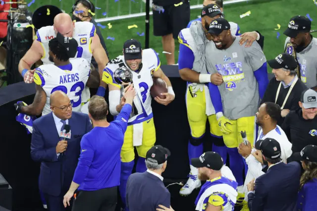 Sean McVay and Matt Stafford with the Vince Lombardi after the Los Angeles won Super Bowl 56