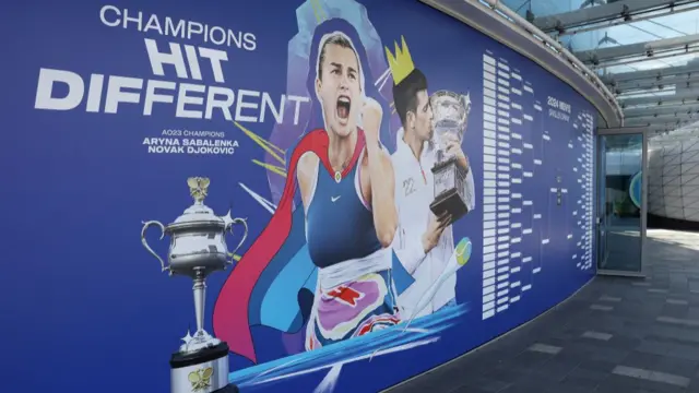 A draw display at Melbourne Park featuring Aryna Sabalenka and Novak Djokovic