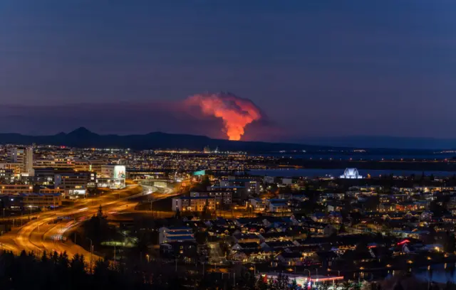 The volcano erupted on Iceland's Reykjanes Peninsula, as seen here from Rejkyavik