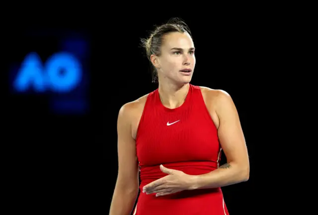 Aryna Sabalenka looks towards her box