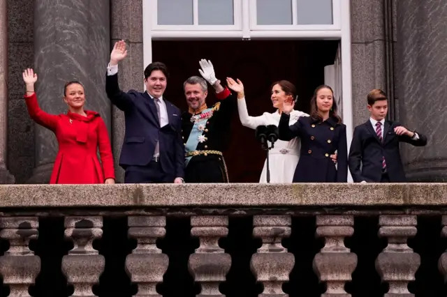 King Frederik X and Queen Mary with their children Princess Josephine, Crown Prince Christian, Princess Isabella and Prince Vincent wave to the crowd in Copenhagen