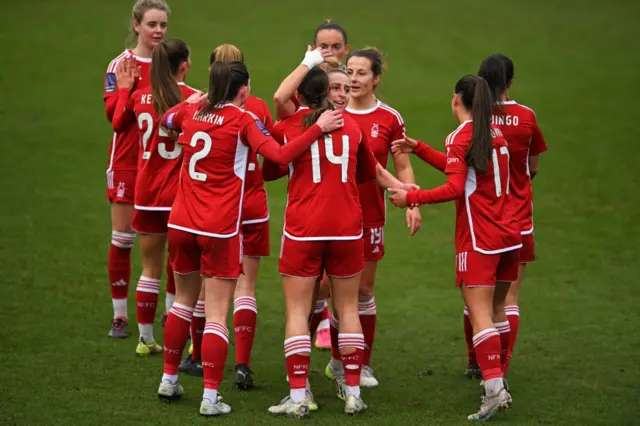 Nottingham Forest celebrate during their 6-1 victory over Plymouth Argyle