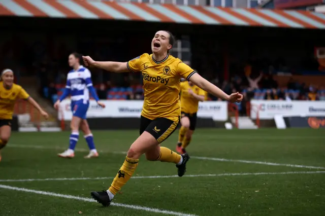 Beth Merrick of Wolverhampton Wanderers celebrates scoring her team's first goal of the game during the Adobe Women's FA Cup Fourth Round match against Reading