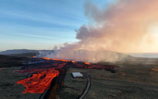 An aerial view of the flowing lava following the latest eruption in Iceland