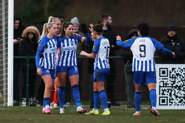 Vicky Losada and Brighton celebrate scoring against Luton in the Women's FA Cup