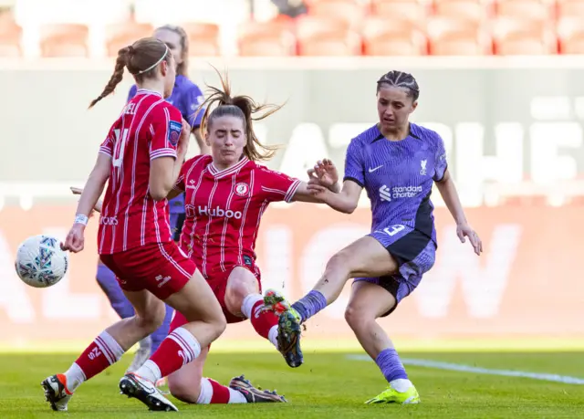 Liverpool's Mia Enderby shoots during the Women's FA Cup 3rd Round match between Bristol City FC Women and Liverpool FC Women at Ashton Gate