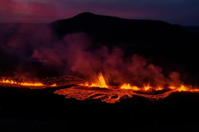 Lava flows from a volcano in Grindavik