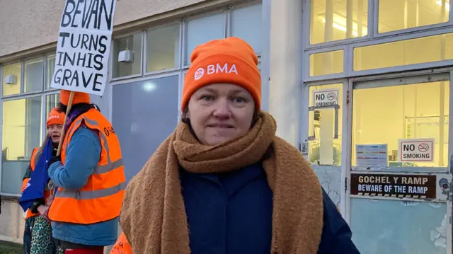 Gaynor Barret at the picket line at Glangwili Hospital