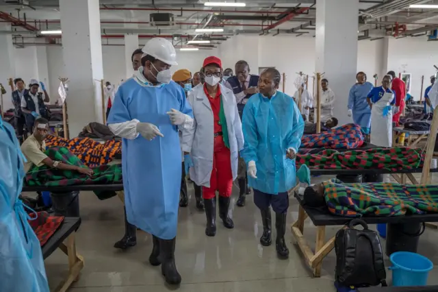 Zambia's President Hakainde Hichilema visits the Heroes National Stadium in Lusaka, Zambia, which has been turned into a national cholera treatment centre