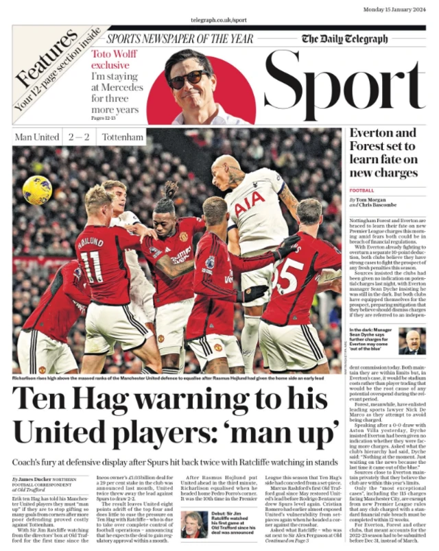 Main sport page in the Telegraph